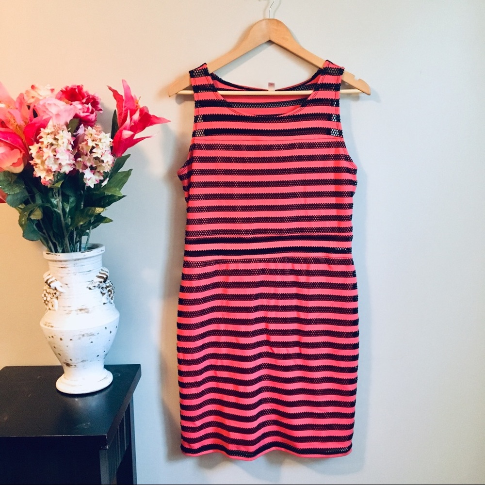 XHILARATION Coral Striped Sheer Midriff Dress